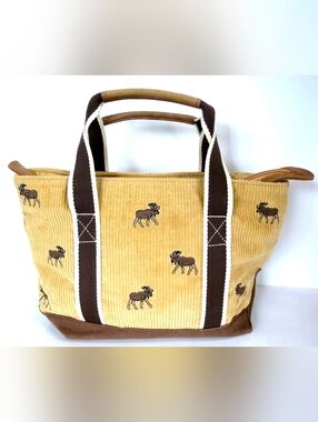 Vintage Corduroy Embroidered Moose LL Bean Boat & Tote Bag with Leather Accents